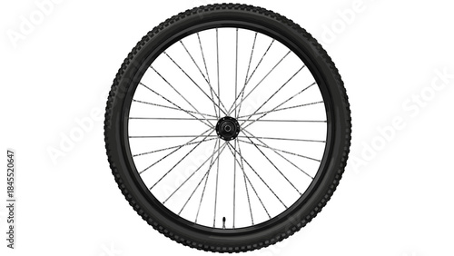 Isolated bicycle wheel with black tire and silver spokes on white background
