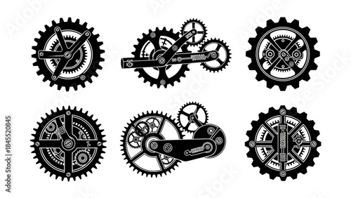 Mechanical gear set illustrations complex cogwheels for design and technology