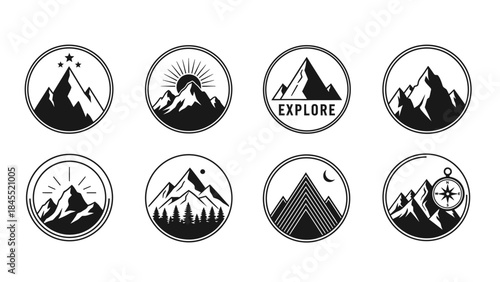 Mountain range logos in circle frame adventure exploration nature designs