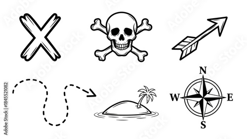 Pirate themed vector graphics skull crossbones arrow island compass symbols