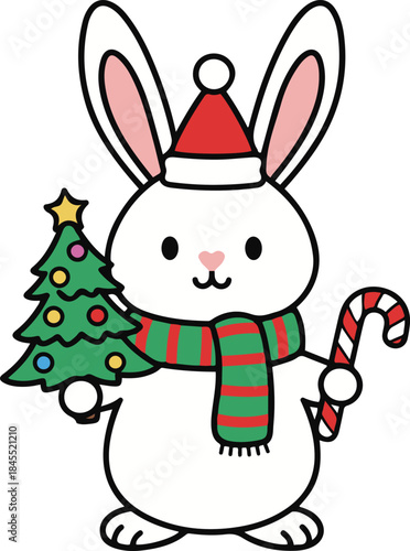 Vector illustration of a cute white rabbit character wearing a Santa hat and scarf, holding a decorated Christmas tree and a candy cane.
