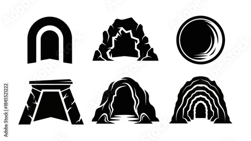 Set of black and white cave and tunnel icons for various design uses