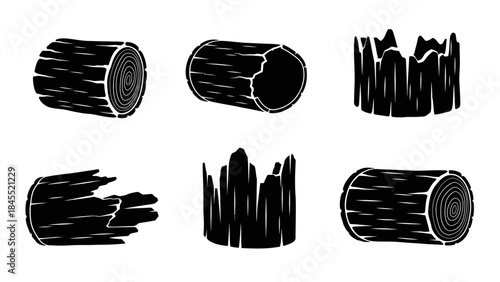 Set of black and white vector illustrations of cut tree logs and stumps