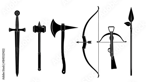 Set of black weapons illustrations sword axe bow and arrow isolated