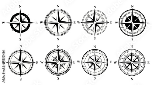 Set of compass rose illustrations navigation elements for guidance and direction