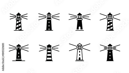 Set of lighthouse icons with beaming light for navigational guidance
