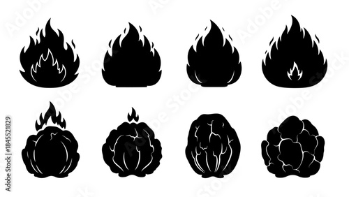 Set of stylized fire illustrations in simple black and white design