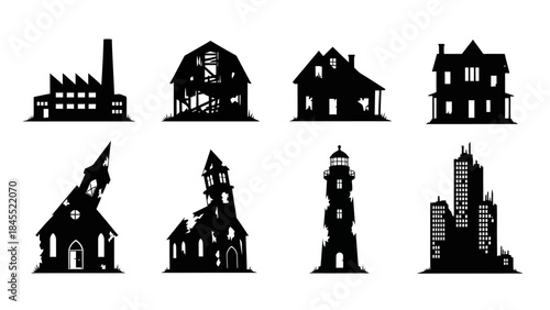 Silhouetted architectural structures buildings factories and urban landscapes