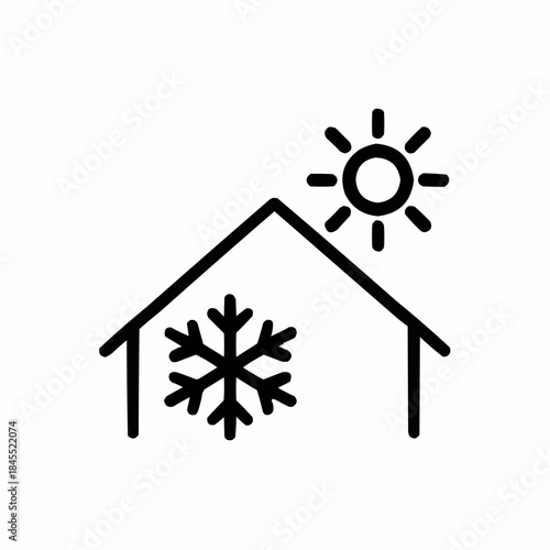 Line icon of a roof with snowflake and sun — insulation check, black on white, square minimalist style