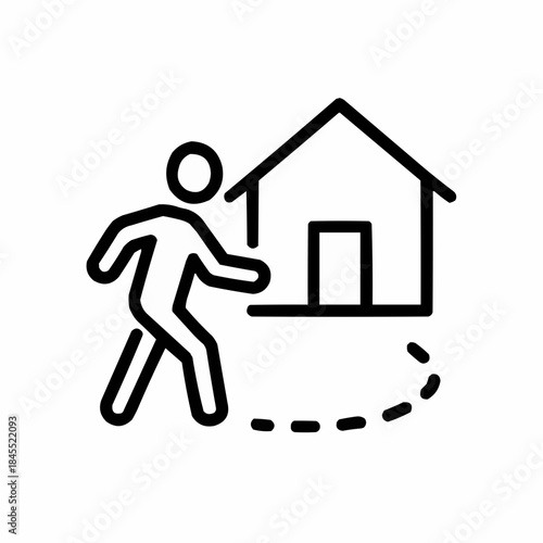 Line icon of a person walking around house perimeter, black on white, square minimalist style
