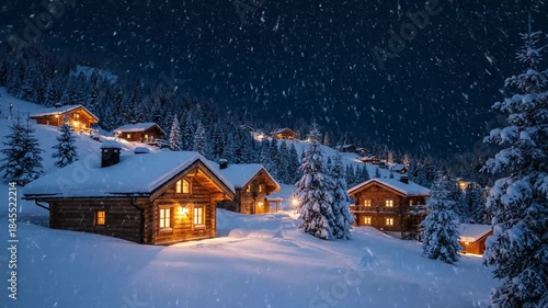 Snow Falling Over Cozy Mountain Village Chalets at Night.