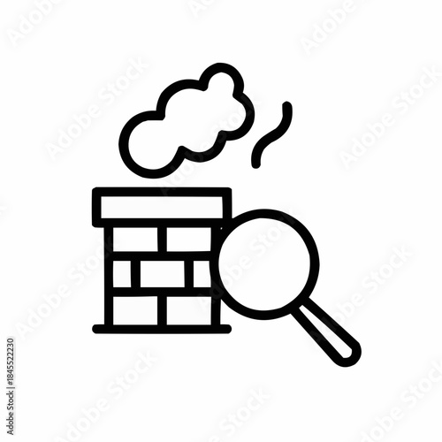 Line icon of a chimney with smoke and magnifier, black on white, square minimalist style