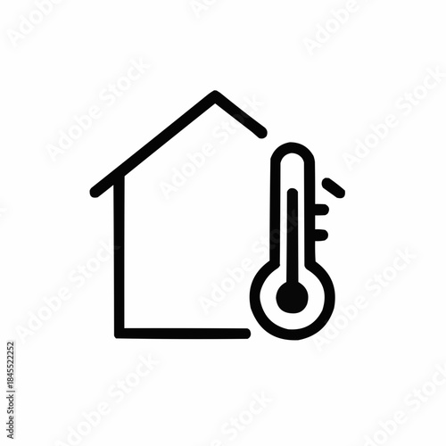 Line icon of a thermometer inside a house — HVAC check, black on white, square minimalist style