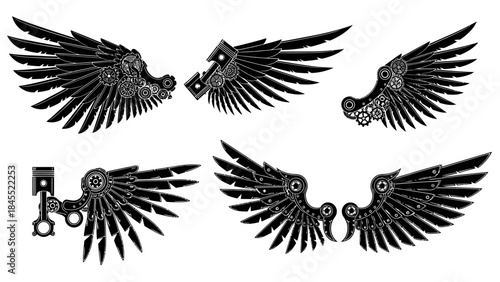 Steampunk style wing illustrations isolated on white with mechanical details