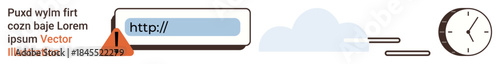 Cybersecurity, website speed optimization, data protection, alert systems, internet safety, and efficiency. Warning icon with a URL bar, cloud and clock. Cybersecurity and website speed optimization