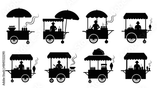 Street food cart silhouettes selling meals and drinks with umbrellas
