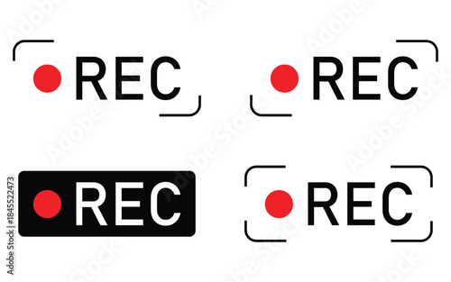 Red REC Recording Icon Set for Video Camera Recording Control and Label Symbols