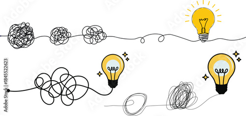 Creative Problem Solving Illustration from Chaotic Tangled Scribbles to a Brilliant Light Bulb Idea Moment