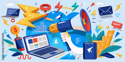 Dynamic digital marketing campaign with a megaphone broadcasting ideas and success.
