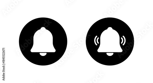 Bell icon in black circle. Sound alert and reminder notification symbol