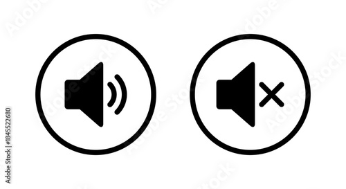 Speaker volume icon in circular outline. Sound and mute audio symbol. Loud and silent sign