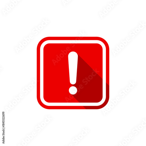 Square warning, danger icon with long shadow. Caution exclamation mark symbol