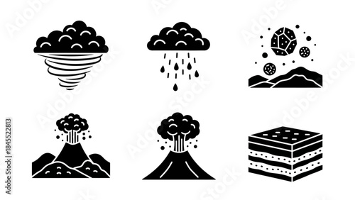 Weather and geological event icons depicting natural disasters isolated
