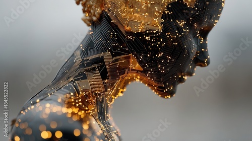 Digital art shows a human figure with circuit patterns and glowing lights representing a merge of technology and humanity in an abstract setting