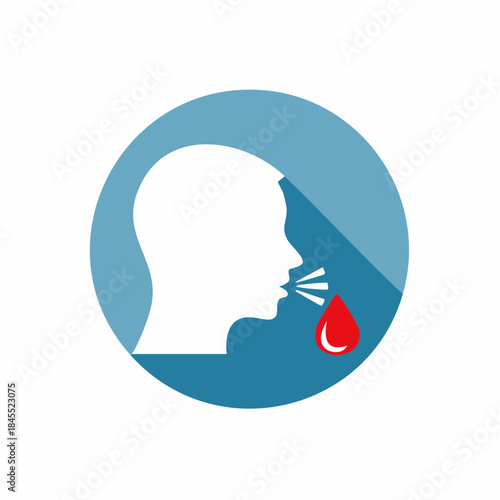 Nosebleed Icon with Person's Silhouette and Blood Droplet Depicting Medical Condition on Blue Circle