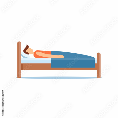 Illustration of Sleeping Man in Bed Covered with Blue Blanket in Bedroom Interior