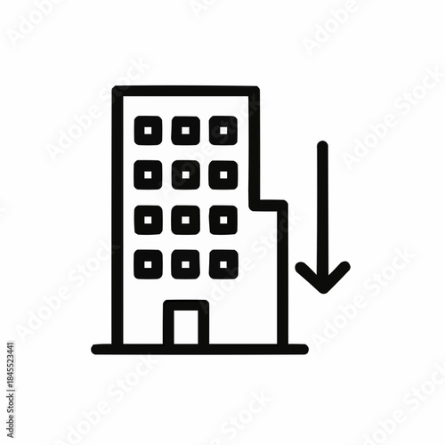 Line icon of a building with downward arrow — company contraction, black on white, square minimalist style