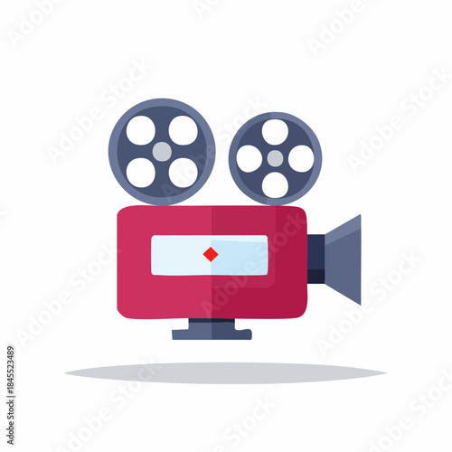 Illustration of old cinema film camera, retro design, vintage movie recording equipment, flat style
