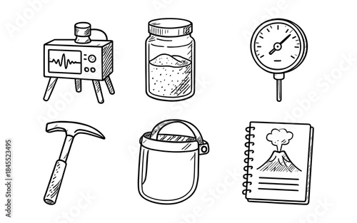Hand-drawn scientific equipment and tools for geology and research