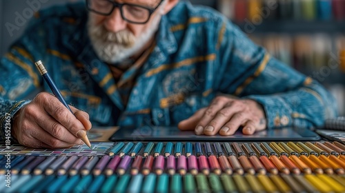 Elderly man drawing with colored pencils on tablet while surrounded by many art supplies and books in an indoor space