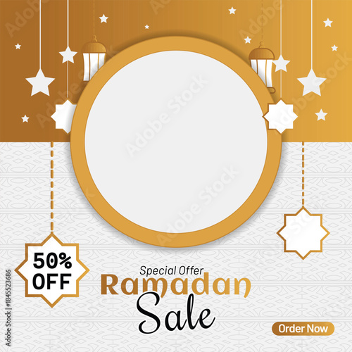 Ramadan Sale banner with golden lanterns, Islamic ornaments, and 50% off offer. Elegant promotional design for Ramadan discounts, ads, and social media marketing
