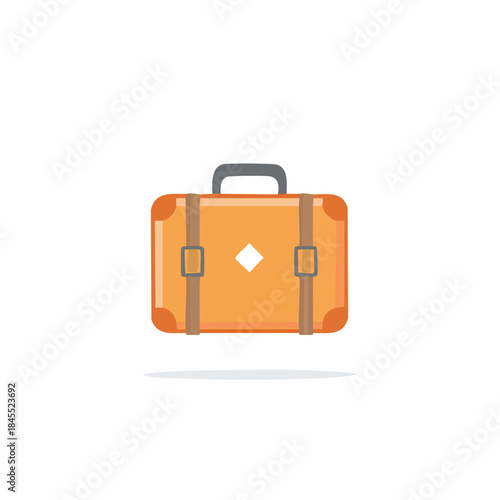 Flat orange suitcase illustration with straps and buckles for travel, tourism and vacation