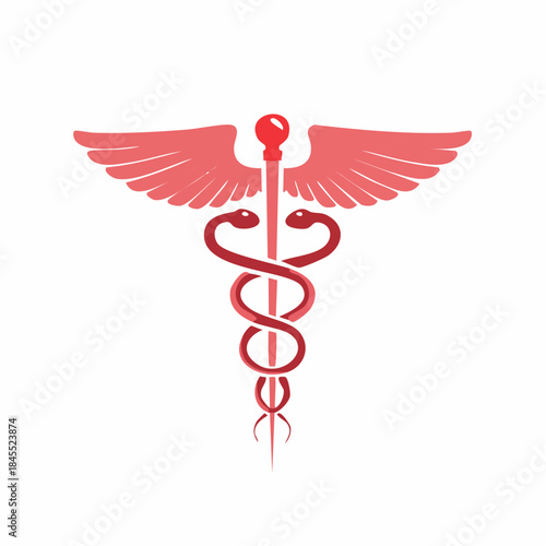 Red Caduceus Symbol Medical Winged Staff with Asclepius Rod and Intertwined Snakes for Health and Medicine Representation
