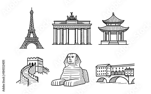 Collection of famous world landmarks in a simple black and white line art style