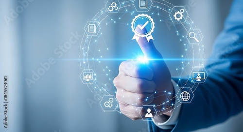 Hand showing thumbs up with quality assurance and guarantee icons around it