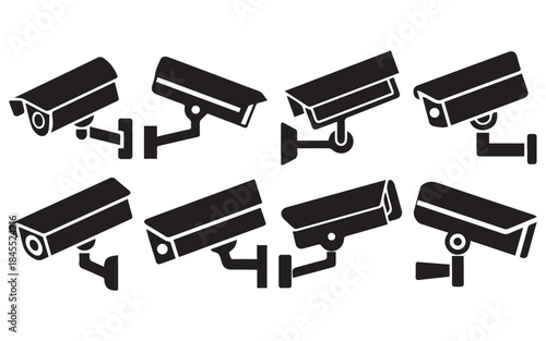 Black Flat Security Camera Icon Set for Surveillance and Monitoring
