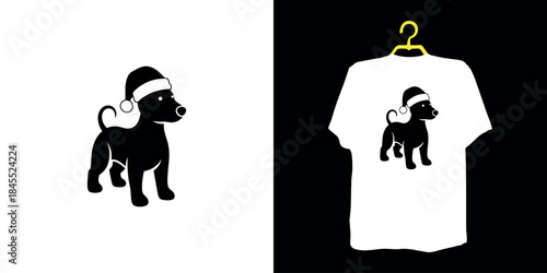 Black dog wearing Santa hat next to white t-shirt with dog