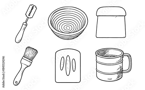 Collection of hand-drawn baking tools and equipment on a white background