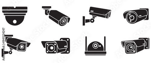 Black Flat Security Camera Icon Set for Surveillance and Monitoring