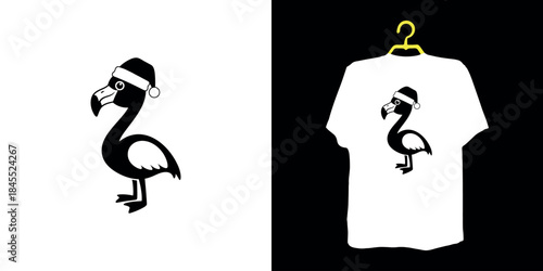Black flamingo wearing santa hat on white and black t shirt