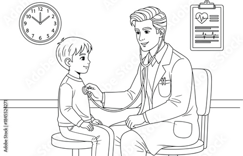 Caring male pediatrician doctor checks young boy's heart and lungs with stethoscope in a clean medical office, providing friendly, professional, and preventative healthcare 