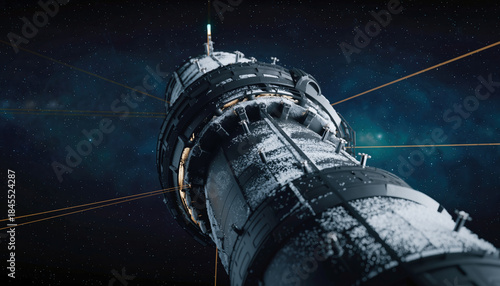 Fototapeta Naklejka Na Ścianę i Meble -  Futuristic space station or satellite orbiting in the vastness of outer space, conveying a sense of advanced technology and exploration