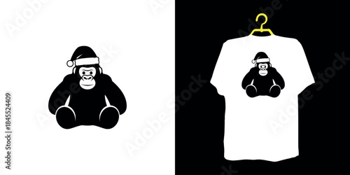 Black gorilla wearing Santa hat on white background and t-shirt
