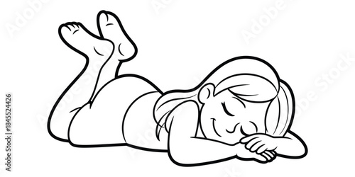 Cartoon girl sleeping peacefully on stomach, coloring page style