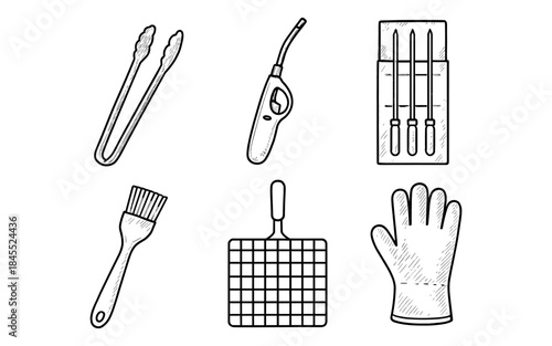 Collection of hand-drawn barbecue grilling tools and accessories on a white background
