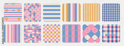 Baby cute stripe watercolor background set, hand drawn minimal checkered textures with soft brushstroke patterns, naive trendy pastel prints for nursery decoration, postcards, and invitations.